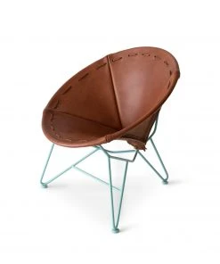 Garza Marfa Saddle Leather Round Chair In Chocolate With Aqua Base Furniture