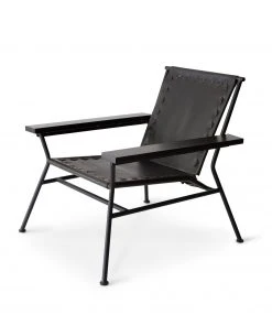 Garza Marfa Saddle Leather Arm Chair In Black With Black Satin Base